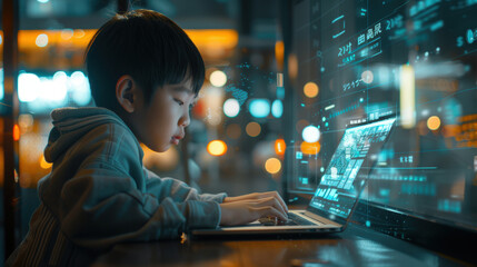 Naklejka premium a boy playing with a sophisticated laptop in a luxurious room