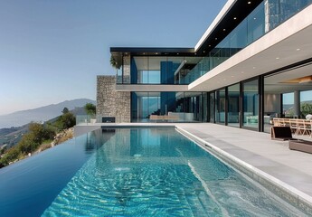 Fototapeta premium Modern Villa With Infinity Pool at Sunset