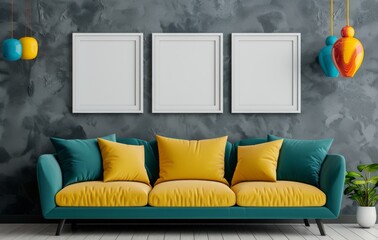 Teal Sofa With Yellow Pillows and Empty Frames