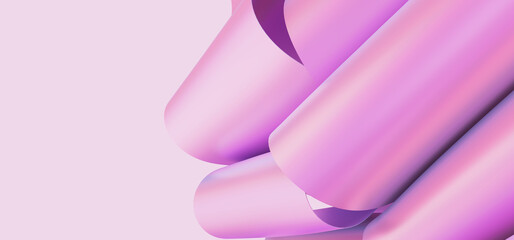Crumpled holographic pink foil stripes on light pink backdrop. Closeup of smooth neon ribbons folds. 3d render illustration