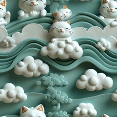 Cute 3D cat clouds - seamless pattern with a muted green and white colors