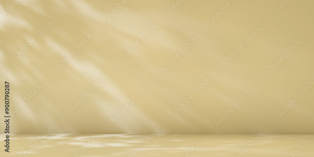 Poster beige minimalist studio for product presentation. empty room with shadows of tree leaves. 3d room ba