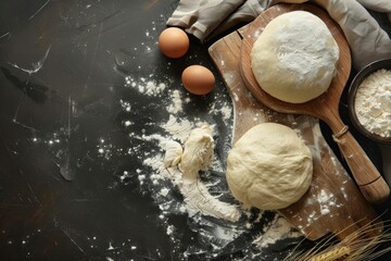 Top view of raw dough with flour, eggs, and rolling pin on a dark table, ready for baking