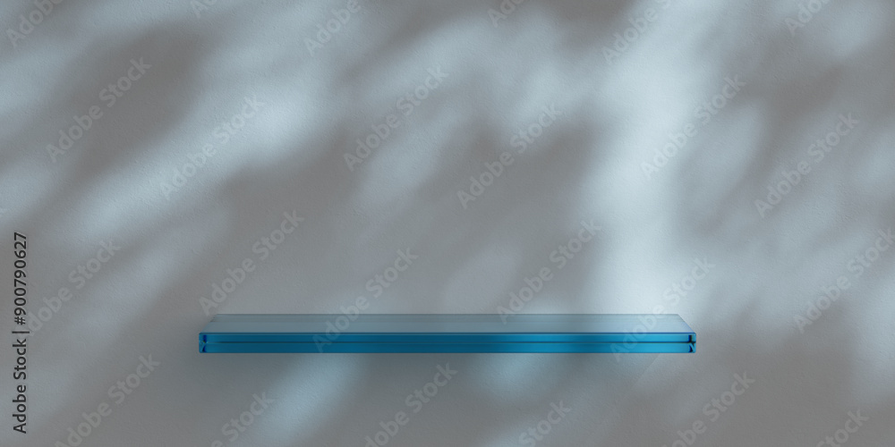 Poster white minimalist wall with glass shelf for product presentation. empty room with shadows of tree lea
