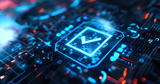 Verified checkmark on a digital ID card with glowing blue elements and futuristic design, close-up view. Verified credentials