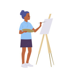 Fototapeta premium Preteen girl artist cartoon kid character drawing with brush and paints on canvas isolated on white