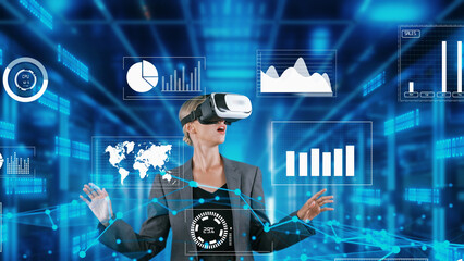 Woman reporter explaining dynamic market data calculated analysis pointing big data business by VR...