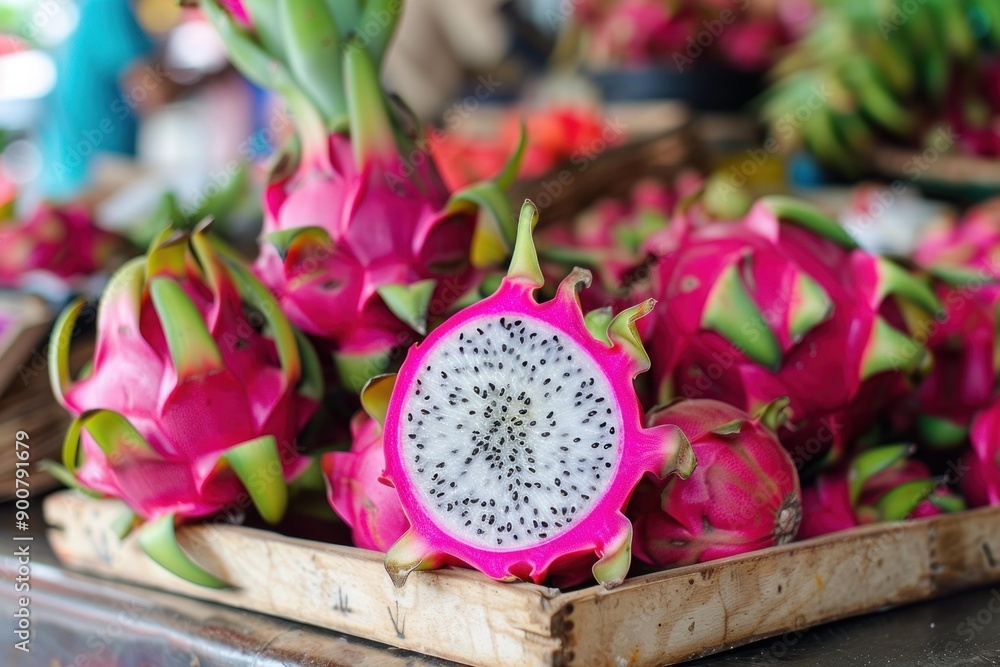 Sticker Vivid pink and green dragon fruits on display, with a sliced one revealing the blackseeded flesh