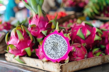 Vivid pink and green dragon fruits on display, with a sliced one revealing the blackseeded flesh