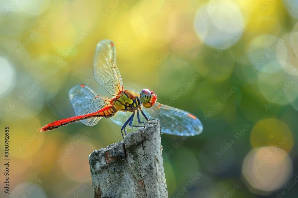Poster closeup of a colorful dragonfly resting on a post with a beautiful bokeh background