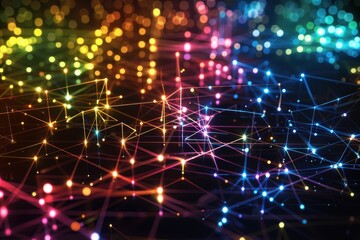 Obraz premium A 3D holographic grid, with intersecting lines and nodes glowing in different colors.