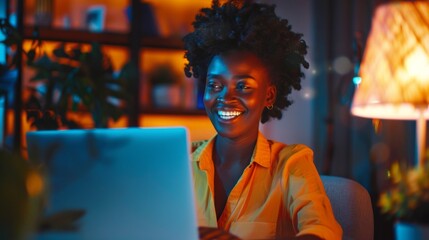 Fototapeta premium A woman is sitting at a desk with a laptop in front of her
