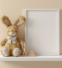 White Frame Mockup with Stuffed Bunny and Wooden Toy on a Shelf