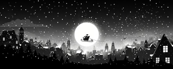 Naklejka premium Santa's sleigh flying over snowy houses on Christmas Eve under a full moon