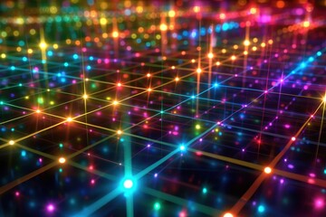 Fototapeta premium A 3D holographic grid, with intersecting lines and nodes glowing in different colors.