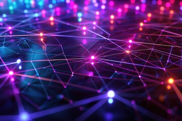 Obraz premium A 3D holographic grid, with intersecting lines and nodes glowing in different colors.