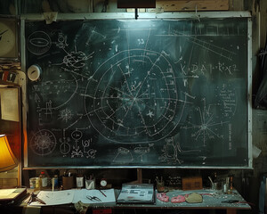 A vintage classroom chalkboard filled with detailed celestial navigation diagrams, surrounded by various scientific equipment and books