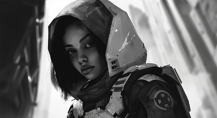 Black and white portrait of a futuristic female soldier in a detailed, high-tech suit with a hood, urban background