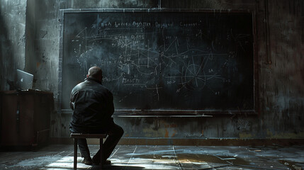 A man sits alone on a bench in a dilapidated classroom, facing a chalkboard filled with faded chalk markings