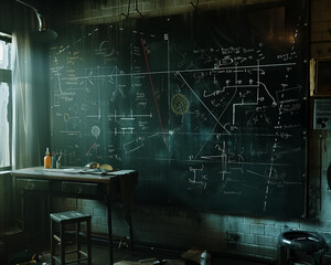 A dimly lit workshop with a chalkboard covered in complex mathematical formulas, evoking a sense of scientific study