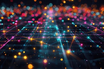Obraz premium A 3D holographic grid, with intersecting lines and nodes glowing in different colors.