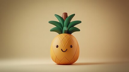   A yellow pineapple with a green leafy top and a brown stick protruding from its mouth