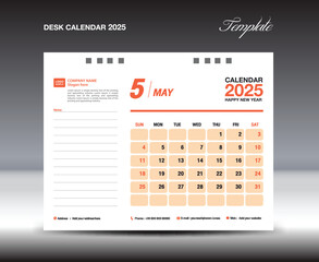 Desk calendar 2025 design, May 2025 template, Calendar 2025 template, planner, simple, Wall calendar design, week starts on sunday, printing, Advertisement, Orange background, vector