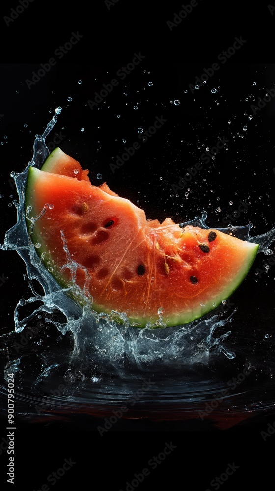 Poster watermelon slices splashing in water