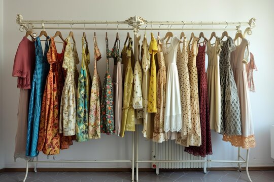 Collection of retro dresses hanging on a white rack in a room with natural light