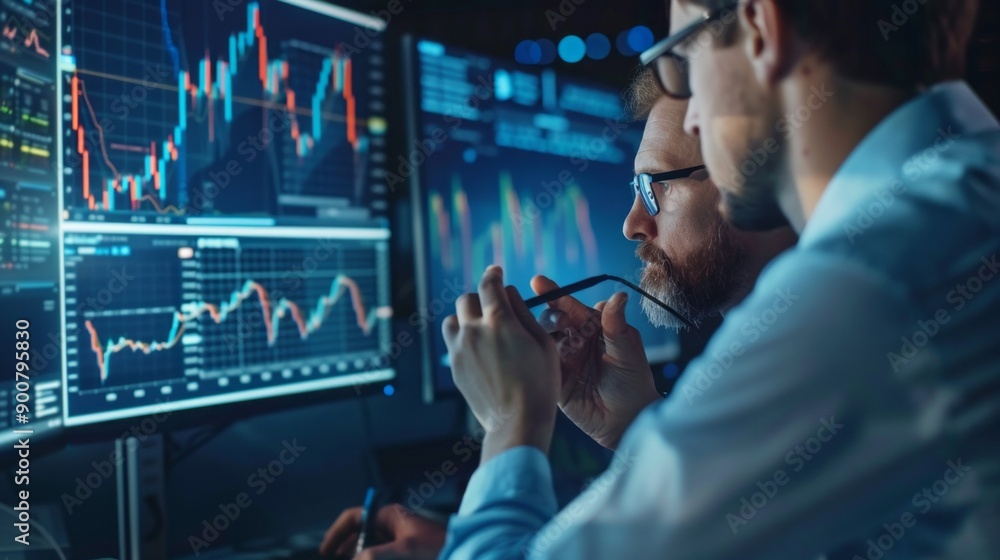 Poster Two men are looking at a computer screen with graphs and numbers
