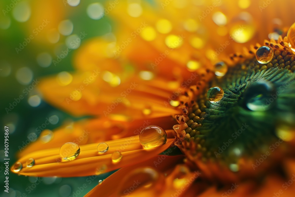 Wall mural a sunflower with water droplets