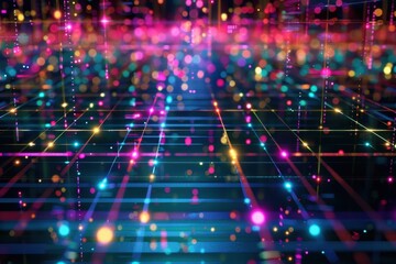 Fototapeta premium A 3D holographic grid, with intersecting lines and nodes glowing in different colors.