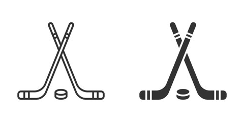 Hockey sticks crossed with puck icons in outline and silhouette styles. Perfect for sports, game, and recreation themes. Vector illustration.