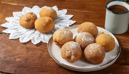 Plate with sweet sugar fritters and a cup of hot chocolate