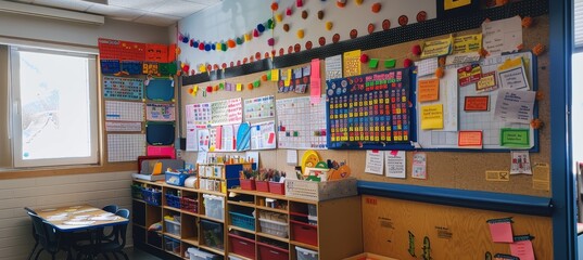 Colorful Classroom Bulletin Board Showcasing Student Projects and Educational Achievements