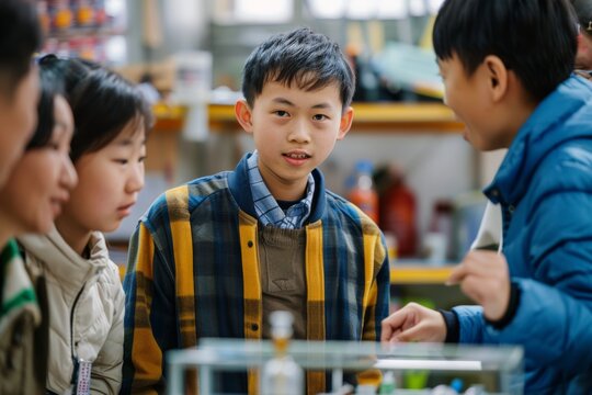 Young Student Presenting Science Project at School Science Fair Event - Powered by Adobe