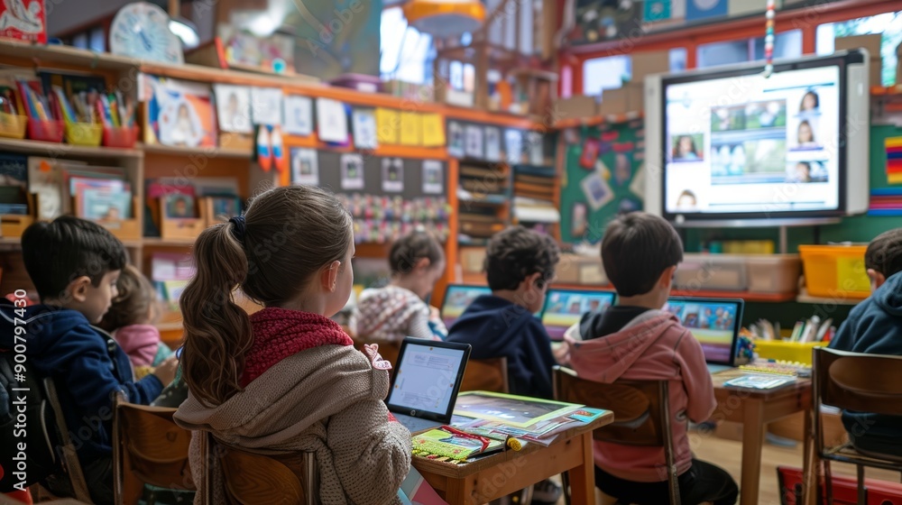 Poster multilingual education in an inclusive classroom setting with engaged students using tablets and boo