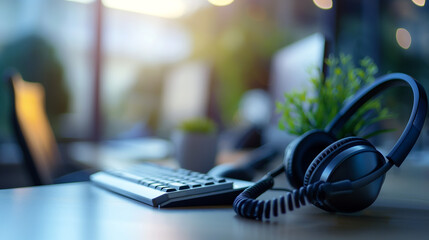 Modern Office Workspace Featuring Headphones, Keyboard, and Indoor Plants During Afternoon Hours