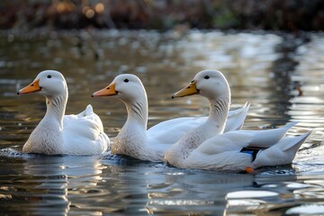 Fototapeta premium Three white ducks glide on a serene pond with golden light reflecting off the water