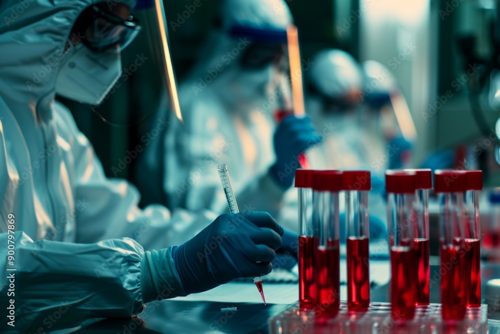 Poster scientists analyzing blood samples for pathogens in high-security laboratory with advanced protectiv