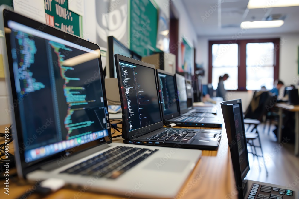 Leinwandbilder Row of laptops displaying code in a classroom setting, highlighting a collaborative learning environment with modern technology.
