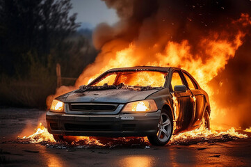 Obraz premium Ein Auto steht in Flammen