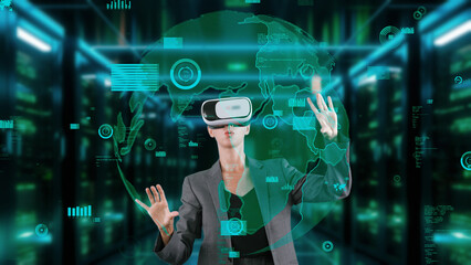 Businesswoman user making zoom with big data dynamic world market graph monitor by VR future global innovation interface digital infographic network technology visual hologram animation. Contraption.