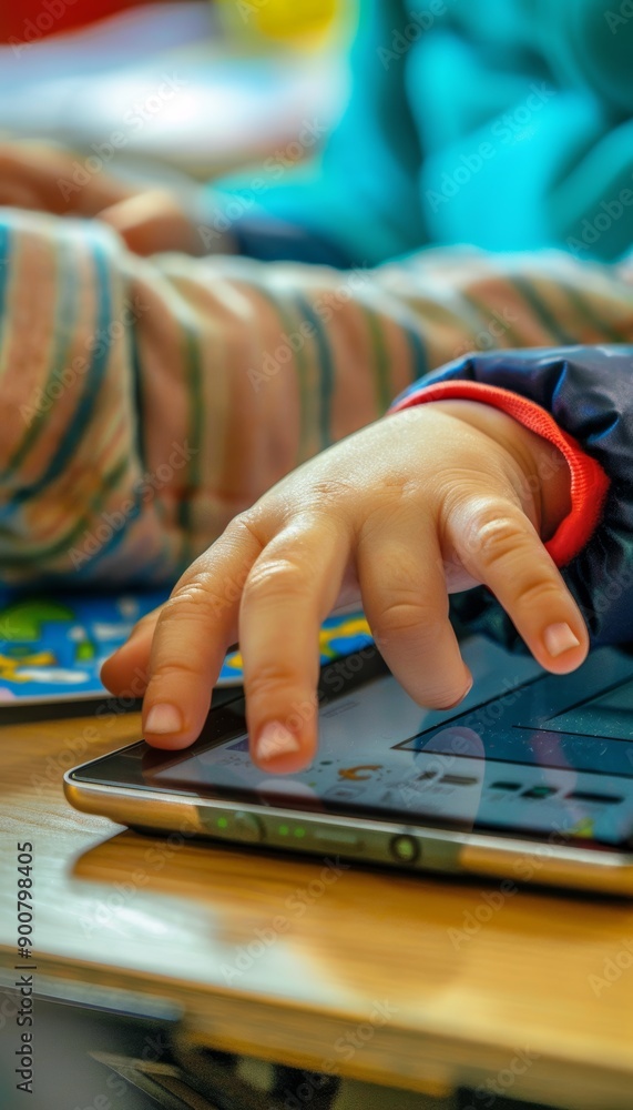 Poster child's hands using assistive technology device in classroom for interactive learning