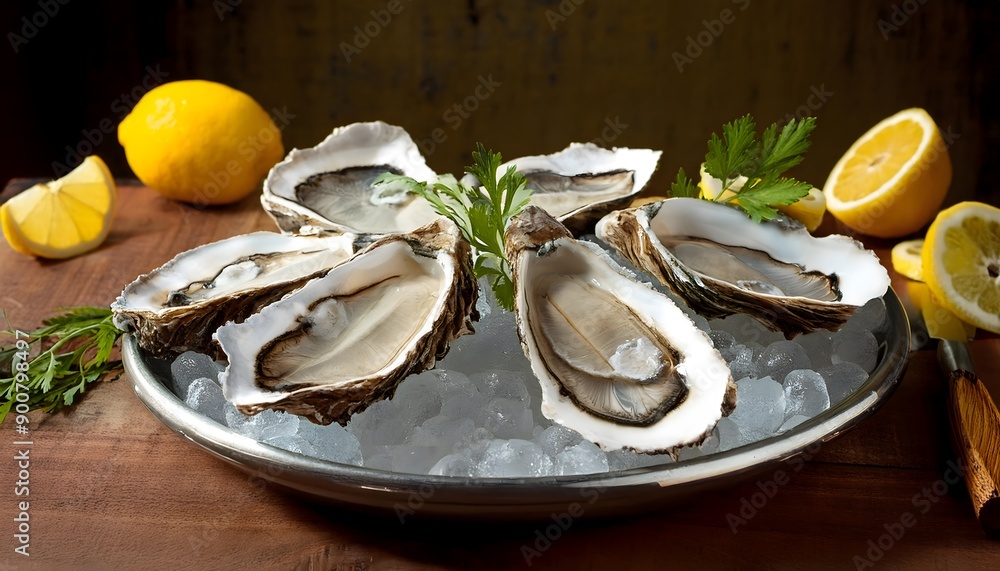 Wall mural fresh oysters on a plate