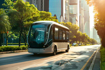 Electric bus driving in ecological city street. Advanced public transportation and eco-friendly urban transport. Smart sustainable city concept. Banner, poster, advertisement with copy space