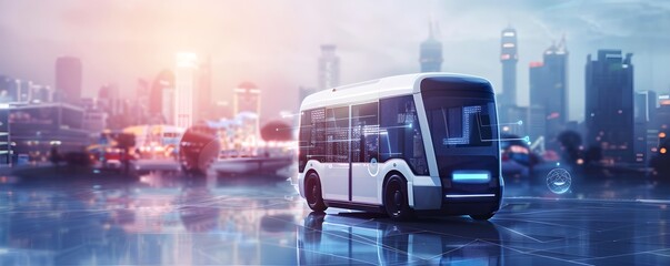 Autonomous electric shuttle bus with future city background. Public transportation and eco-friendly urban transport. Futuristic smart city concept. Banner, poster, advertisement with copy space