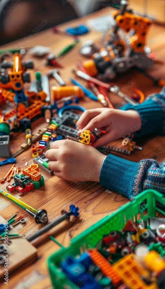 Poster child's hands building a robot with colorful stem kit parts and tools for educational learning