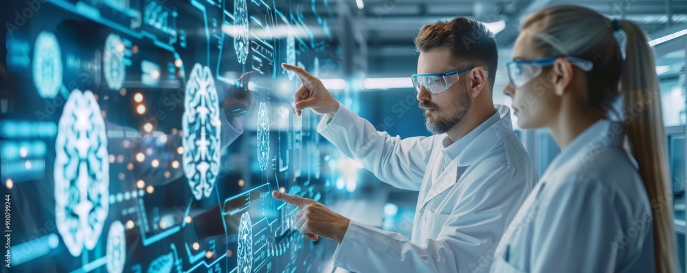 Aufkleber two scientists analyzing digital brain data on high-tech screen in laboratory