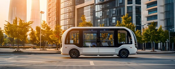 Obraz premium Electric green bus driving on city street. Public transportation and eco-friendly urban transport. Smart city concept. Banner, poster, advertisement with copy space
